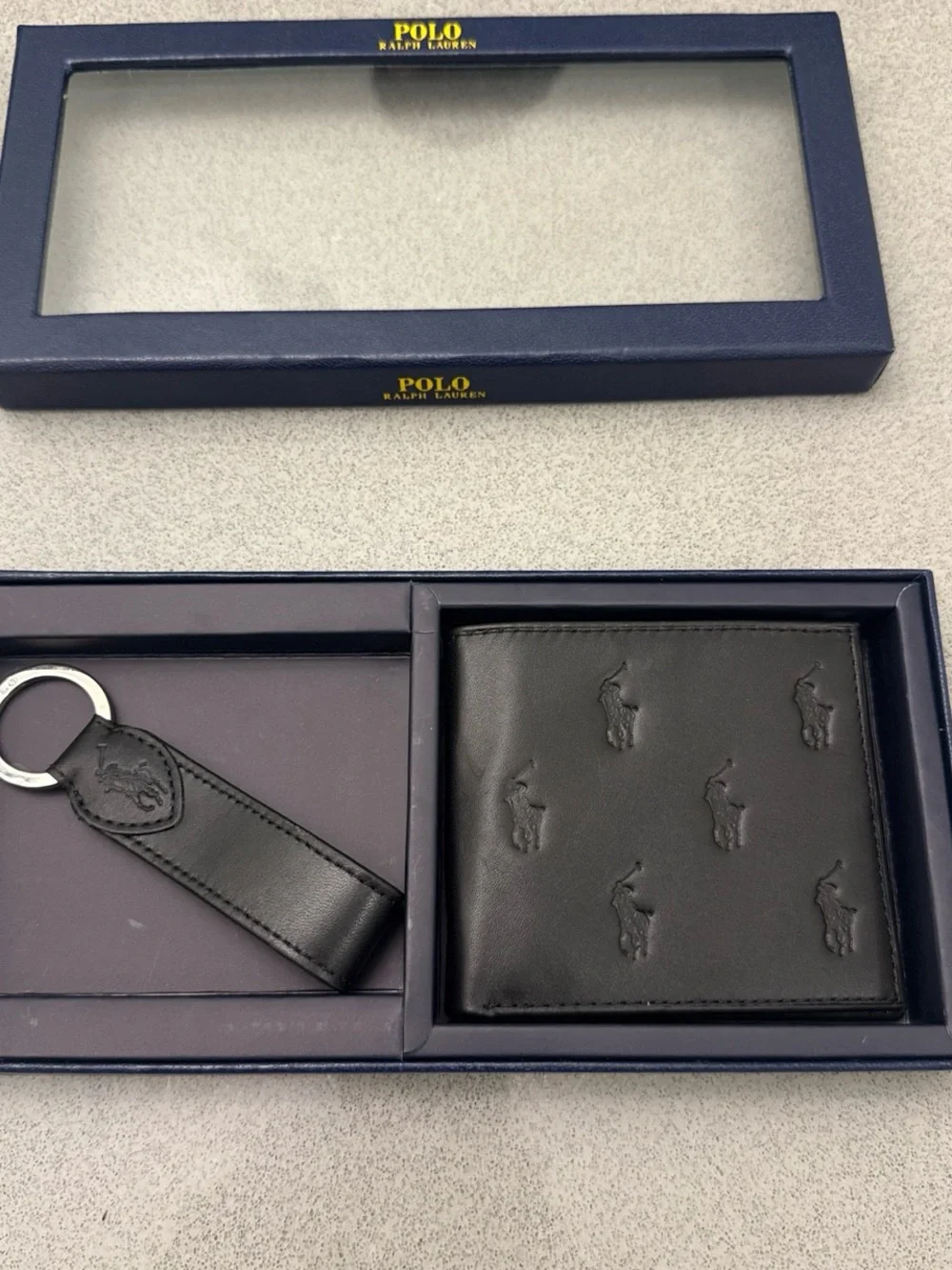 Polo by Ralph Lauren Black Embossed Leather Wallet with Key Ring Set